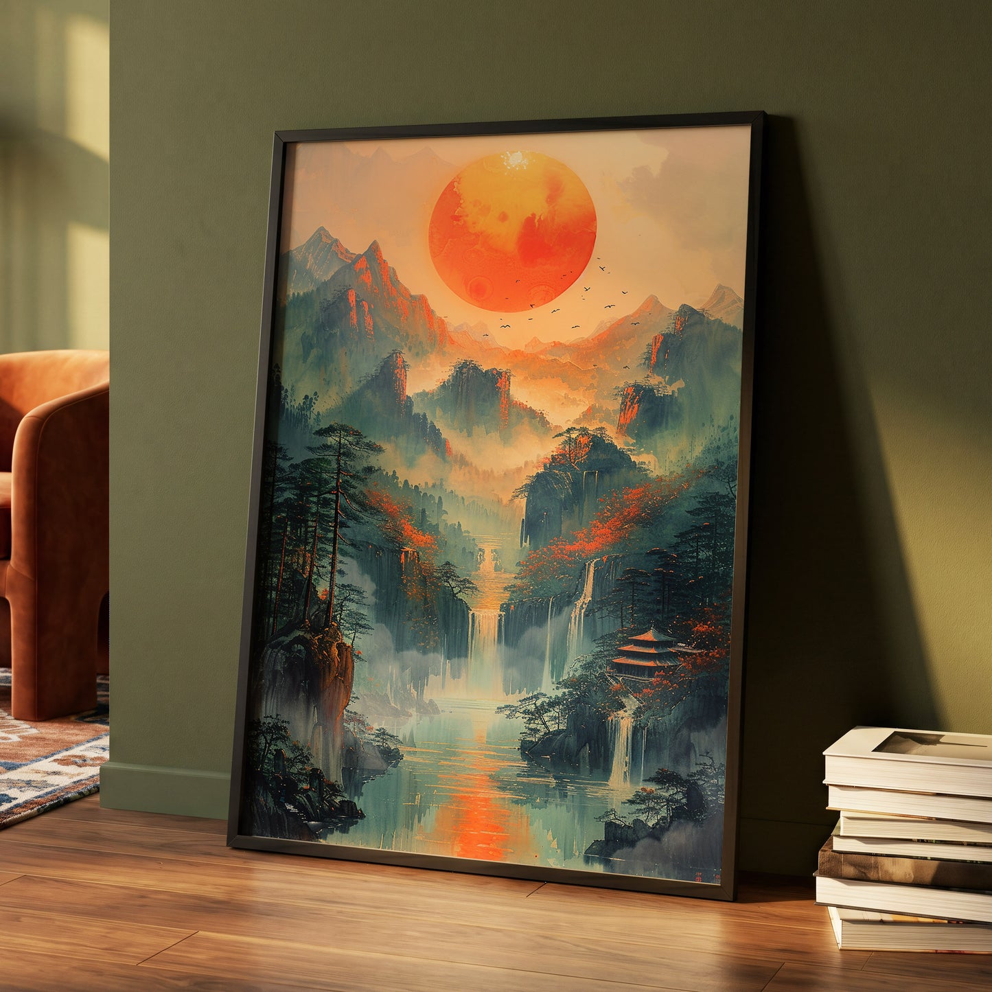 Ember Sun Sanctuary, green, orange, beige nature wall art displayed in a styled interior, gallery view 4