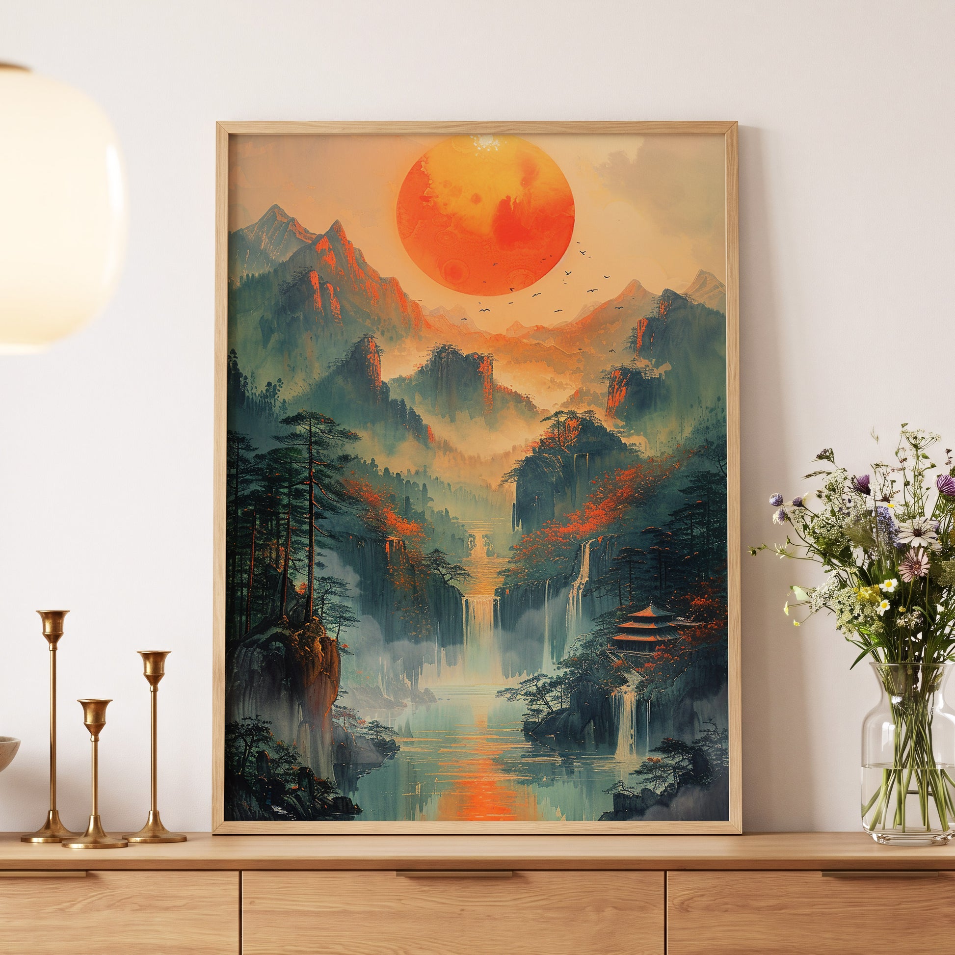 Ember Sun Sanctuary, green, orange, beige nature wall art displayed in a styled interior, gallery view 5
