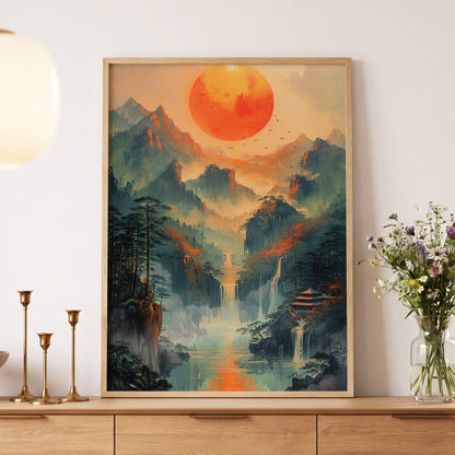 Ember Sun Sanctuary, green, orange, beige nature wall art displayed in a styled interior, gallery view 5