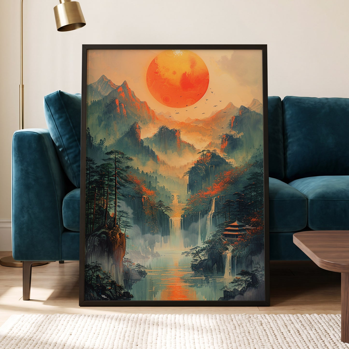 Ember Sun Sanctuary, green, orange, beige nature wall art displayed in a styled interior, gallery view 6
