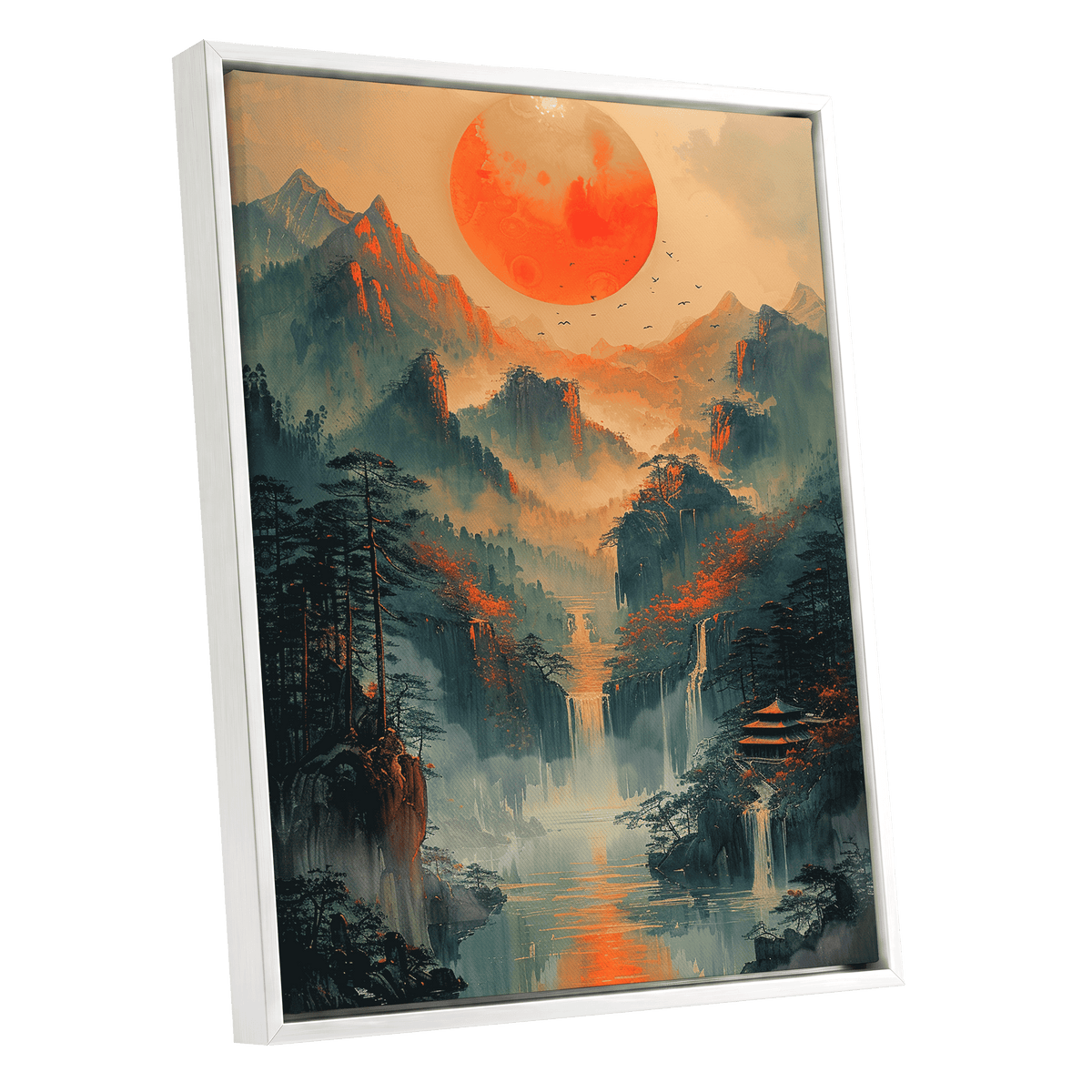 Ember Sun Sanctuary, green, orange, beige nature wall art shown as a white framed canvas wall art