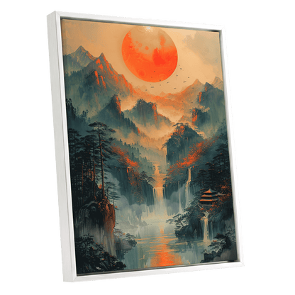 Ember Sun Sanctuary, green, orange, beige nature wall art shown as a white framed canvas wall art