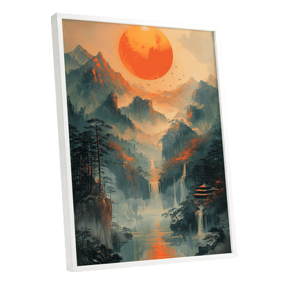 Ember Sun Sanctuary, green, orange, beige nature wall art shown as a white framed poster wall art print