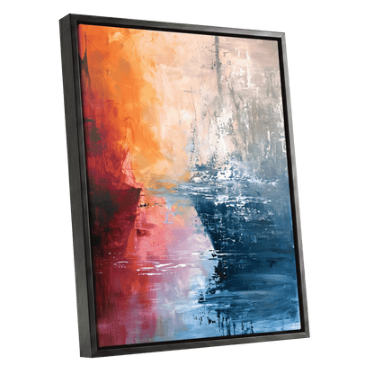Ember Tide, blue, orange, pink abstract wall art shown as a black framed canvas wall art