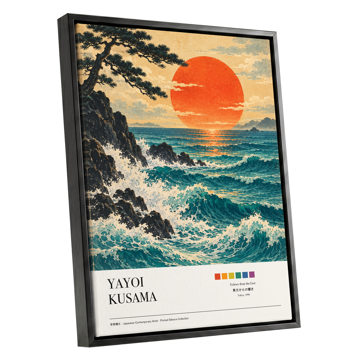 Ember Tide, blue, orange, beige nature wall art shown as a black framed canvas wall art