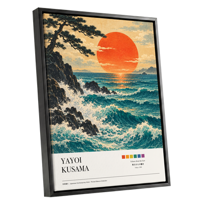 Ember Tide, blue, orange, beige nature wall art shown as a black framed canvas wall art