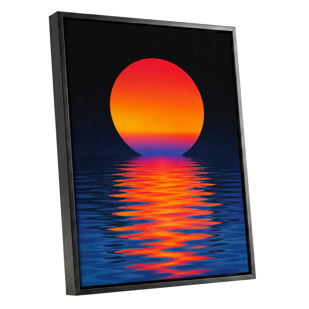 Ember Tide, black, blue, orange nature wall art shown as a black framed canvas wall art