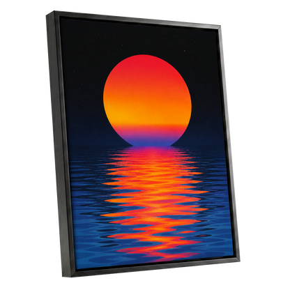 Ember Tide, black, blue, orange nature wall art shown as a black framed canvas wall art