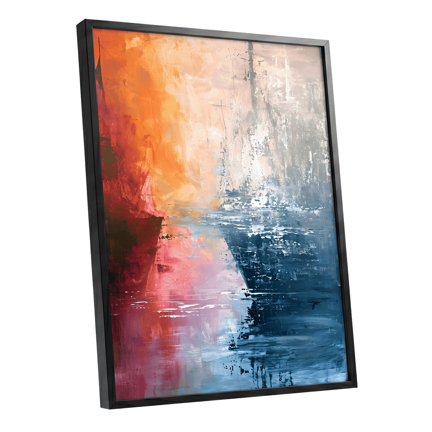 Ember Tide, blue, orange, pink abstract wall art shown as a black framed poster wall art print
