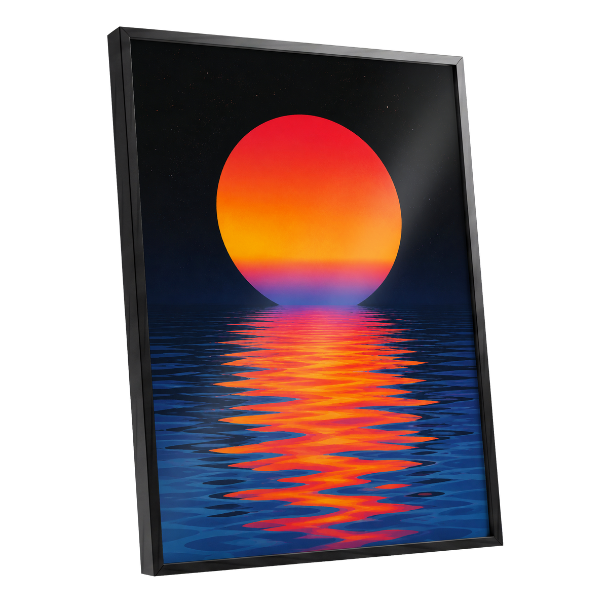 Ember Tide, black, blue, orange nature wall art shown as a black framed poster wall art print