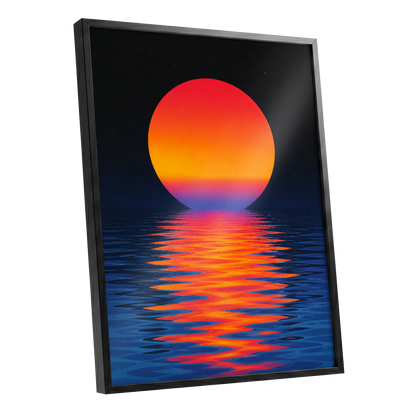 Ember Tide, black, blue, orange nature wall art shown as a black framed poster wall art print