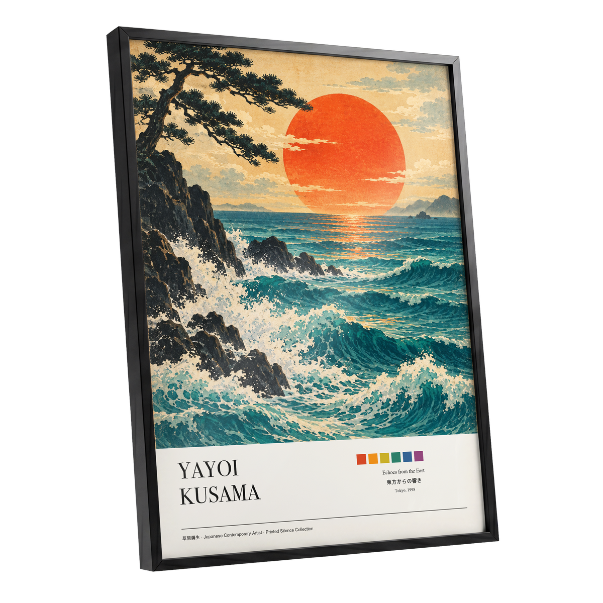 Ember Tide, blue, orange, beige nature wall art shown as a black framed poster wall art print