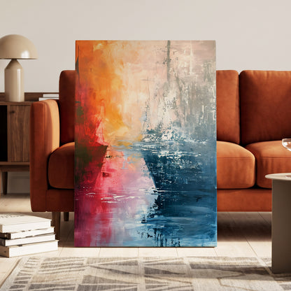 Ember Tide, blue, orange, pink abstract wall art on canvas displayed in a styled interior, gallery view 1