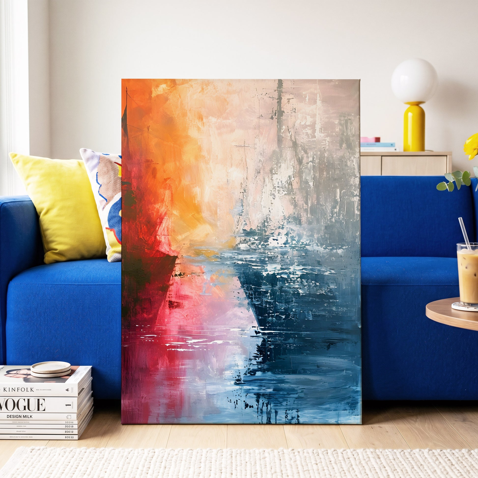 Ember Tide, blue, orange, pink abstract wall art on canvas displayed in a styled interior, gallery view 2