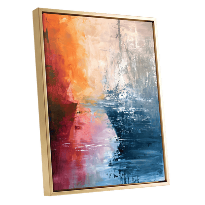 Ember Tide, blue, orange, pink abstract wall art shown as a gold framed canvas wall art