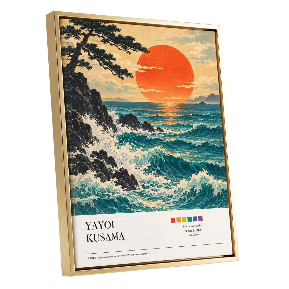 Ember Tide, blue, orange, beige nature wall art shown as a gold framed canvas wall art