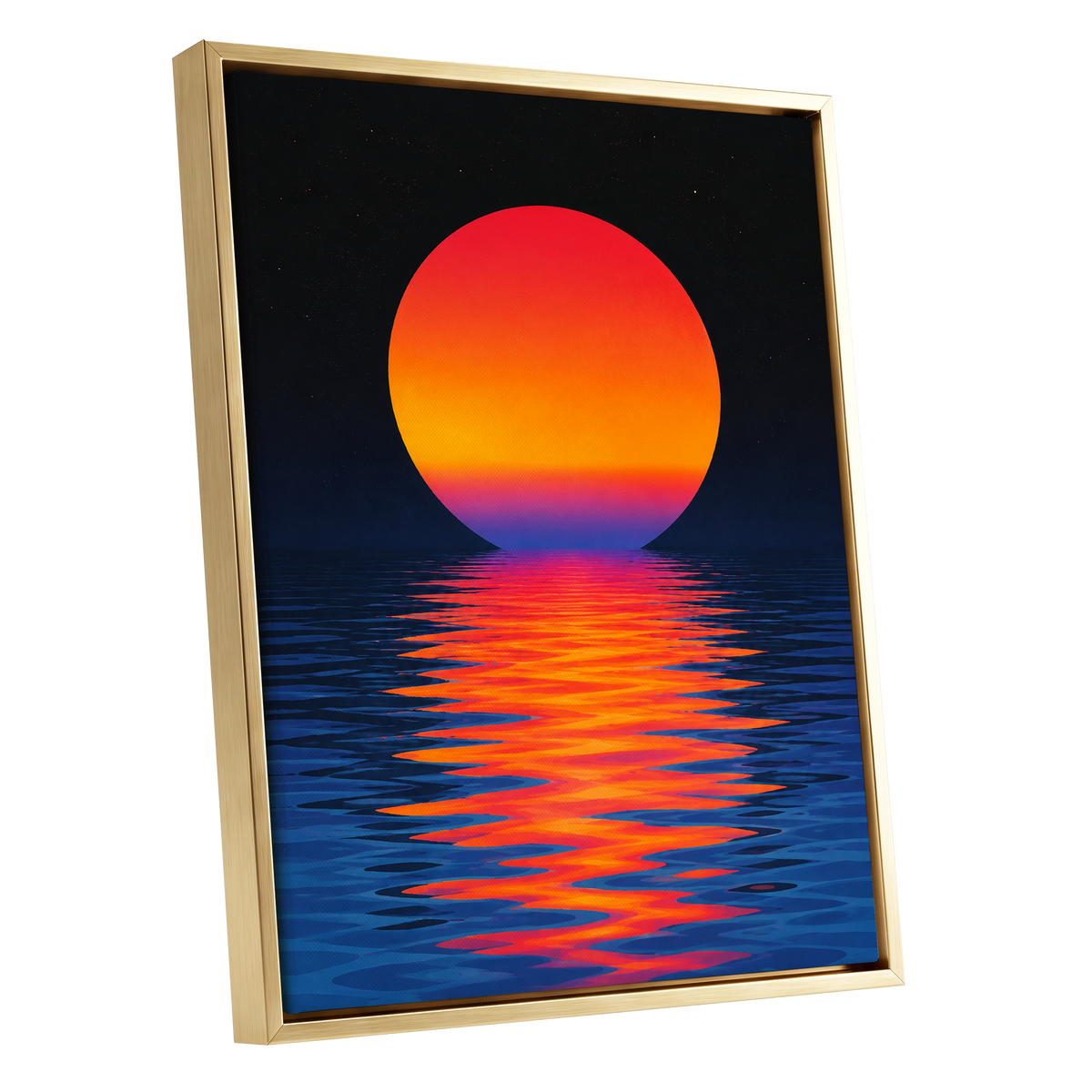 Ember Tide, black, blue, orange nature wall art shown as a gold framed canvas wall art