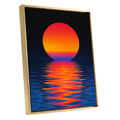 Ember Tide, black, blue, orange nature wall art shown as a gold framed canvas wall art