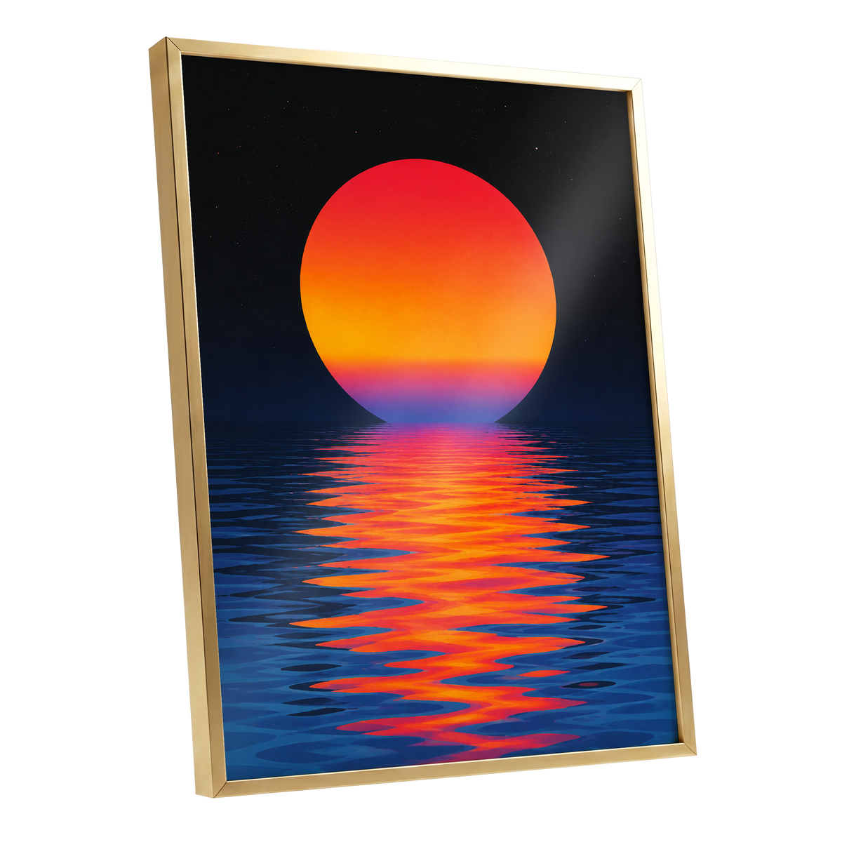 Ember Tide, black, blue, orange nature wall art shown as a gold framed poster wall art print