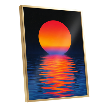Ember Tide, black, blue, orange nature wall art shown as a gold framed poster wall art print