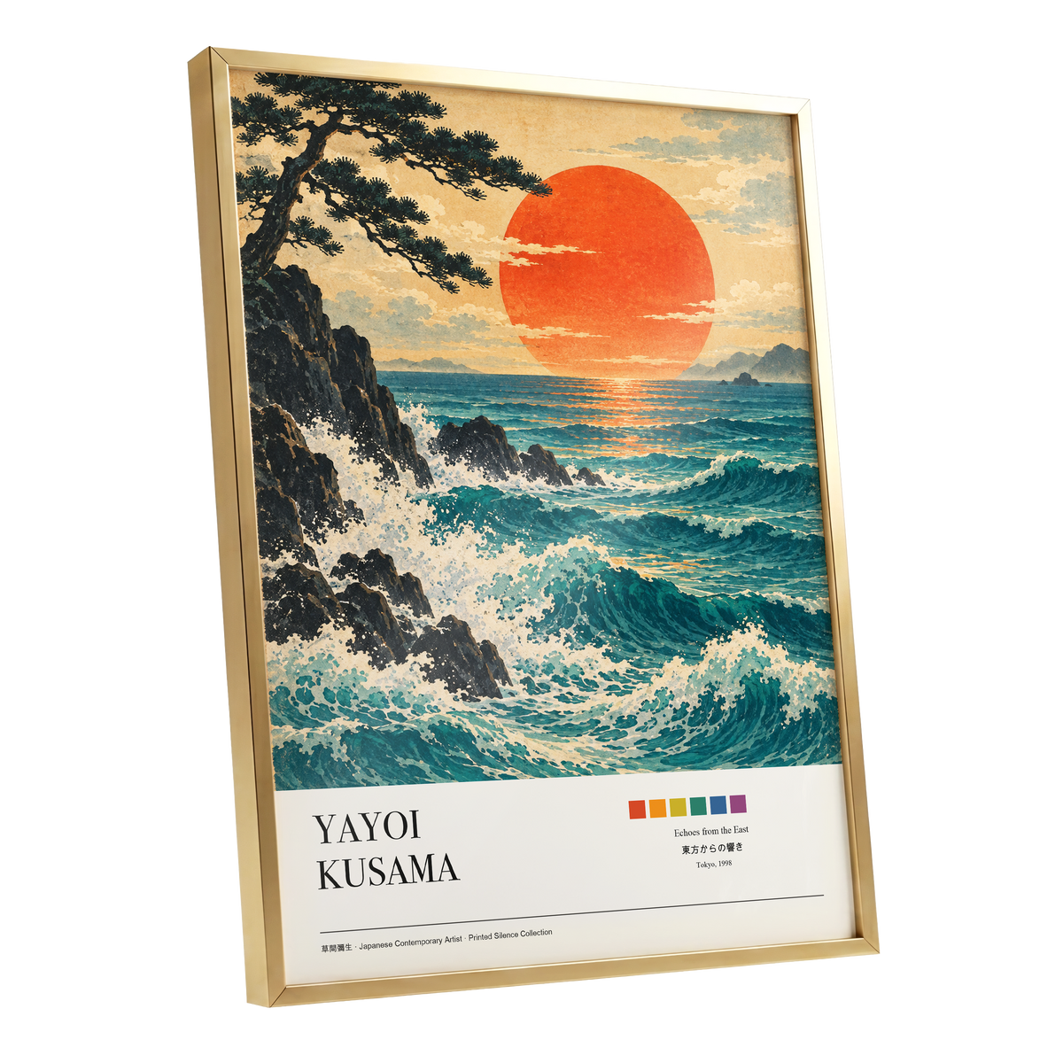 Ember Tide, blue, orange, beige nature wall art shown as a gold framed poster wall art print