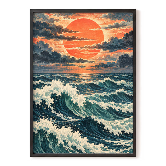 Ember Tide, orange, blue, green nature wall art, front artwork view