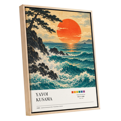 Ember Tide, blue, orange, beige nature wall art shown as a oak framed canvas wall art