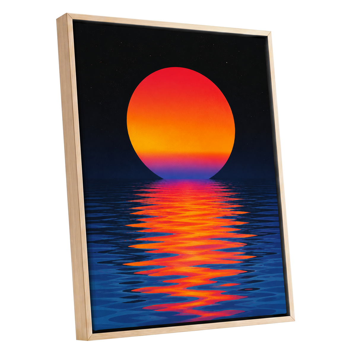Ember Tide, black, blue, orange nature wall art shown as a oak framed canvas wall art