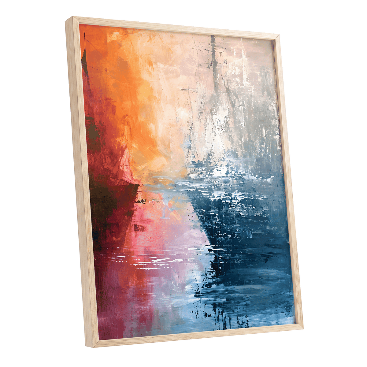 Ember Tide, blue, orange, pink abstract wall art shown as a oak framed poster wall art print