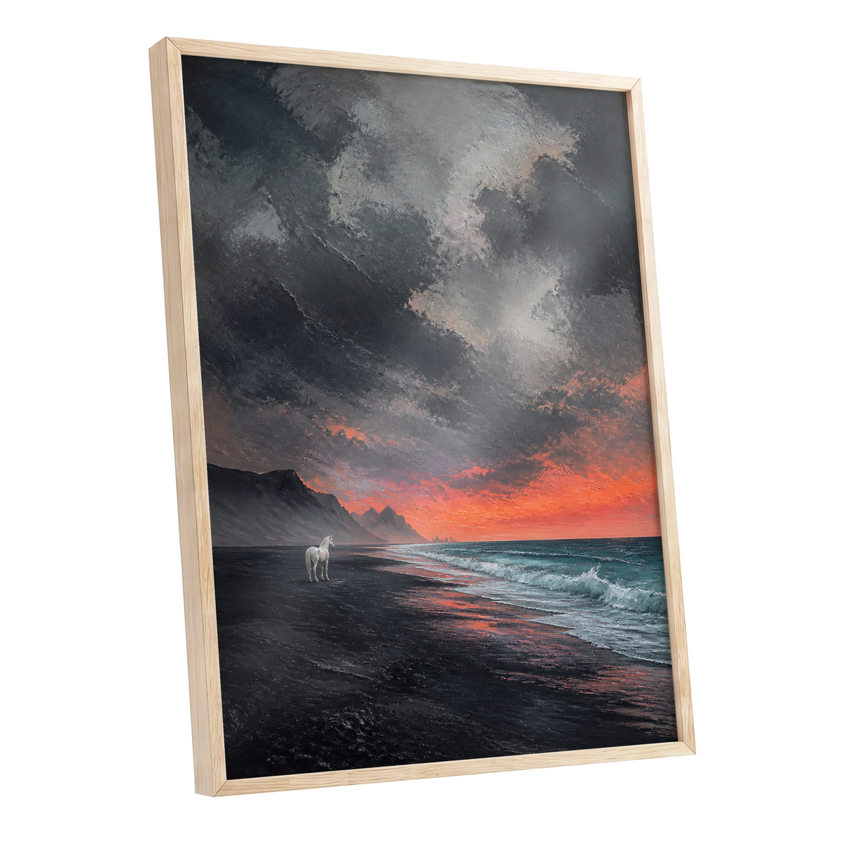 Ember Tide, black, gray, orange nature wall art shown as a oak framed poster wall art print