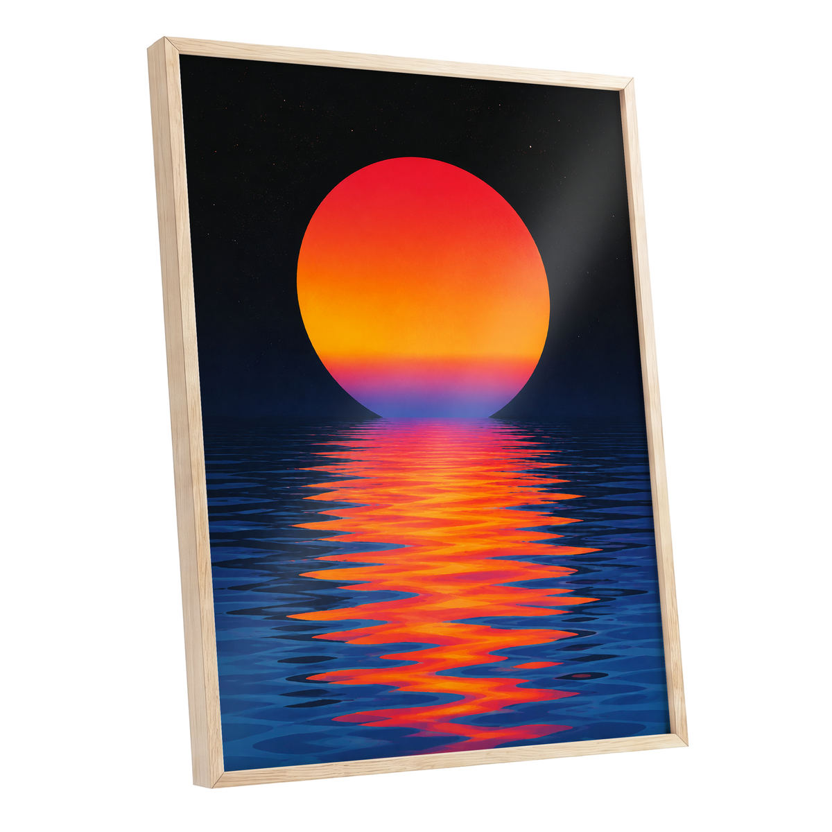 Ember Tide, black, blue, orange nature wall art shown as a oak framed poster wall art print