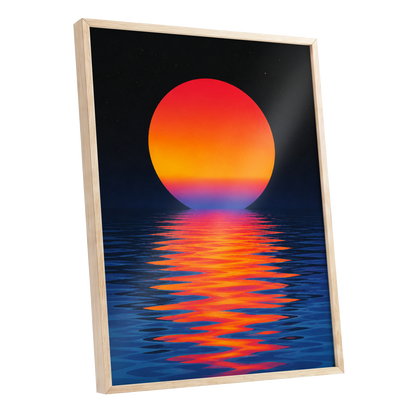 Ember Tide, black, blue, orange nature wall art shown as a oak framed poster wall art print