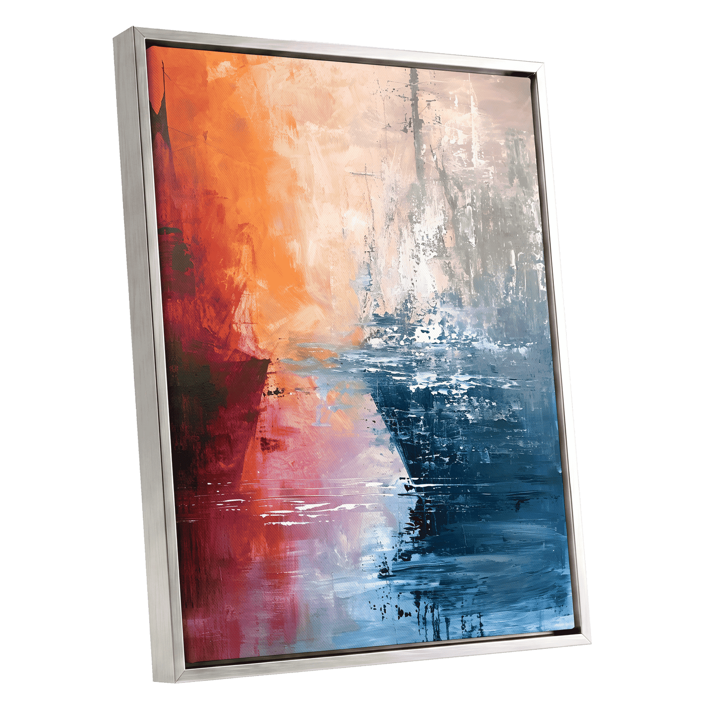 Ember Tide, blue, orange, pink abstract wall art shown as a silver framed canvas wall art