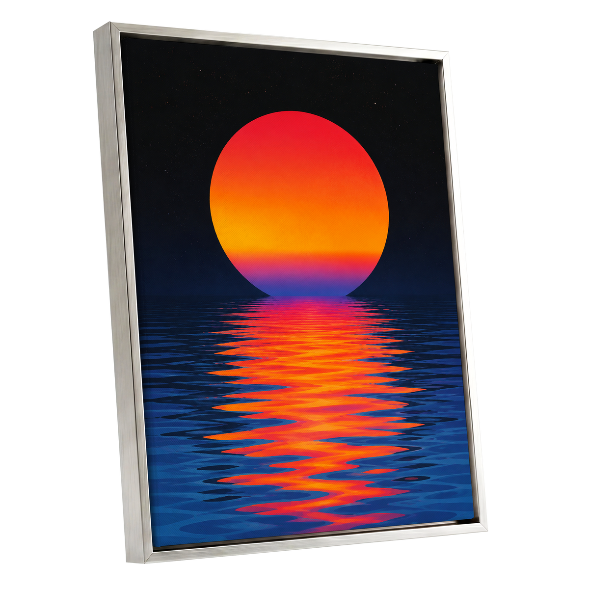 Ember Tide, black, blue, orange nature wall art shown as a silver framed canvas wall art
