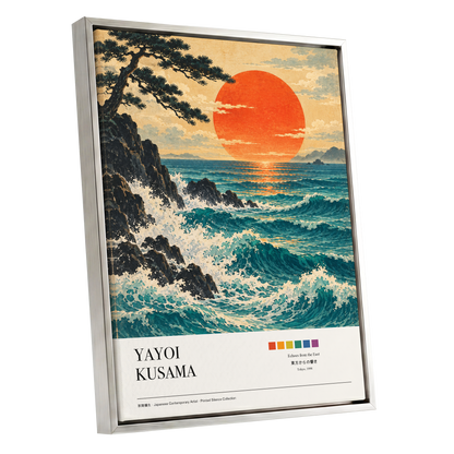 Ember Tide, blue, orange, beige nature wall art shown as a silver framed canvas wall art