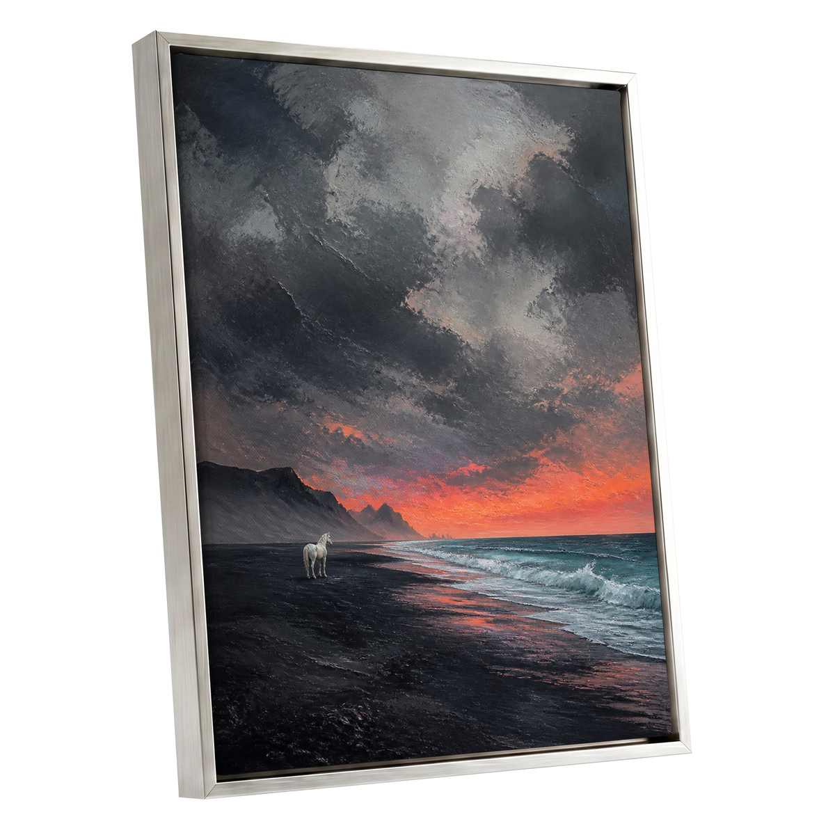 Ember Tide, black, gray, orange nature wall art shown as a silver framed canvas wall art