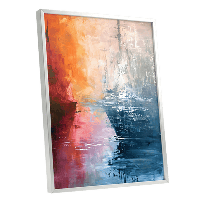 Ember Tide, blue, orange, pink abstract wall art shown as a silver framed poster wall art print
