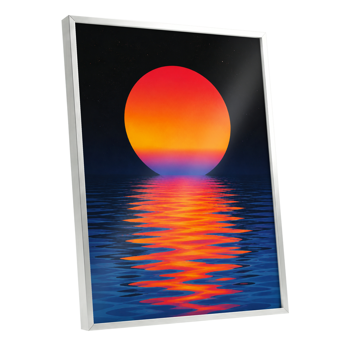 Ember Tide, black, blue, orange nature wall art shown as a silver framed poster wall art print