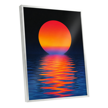Ember Tide, black, blue, orange nature wall art shown as a silver framed poster wall art print