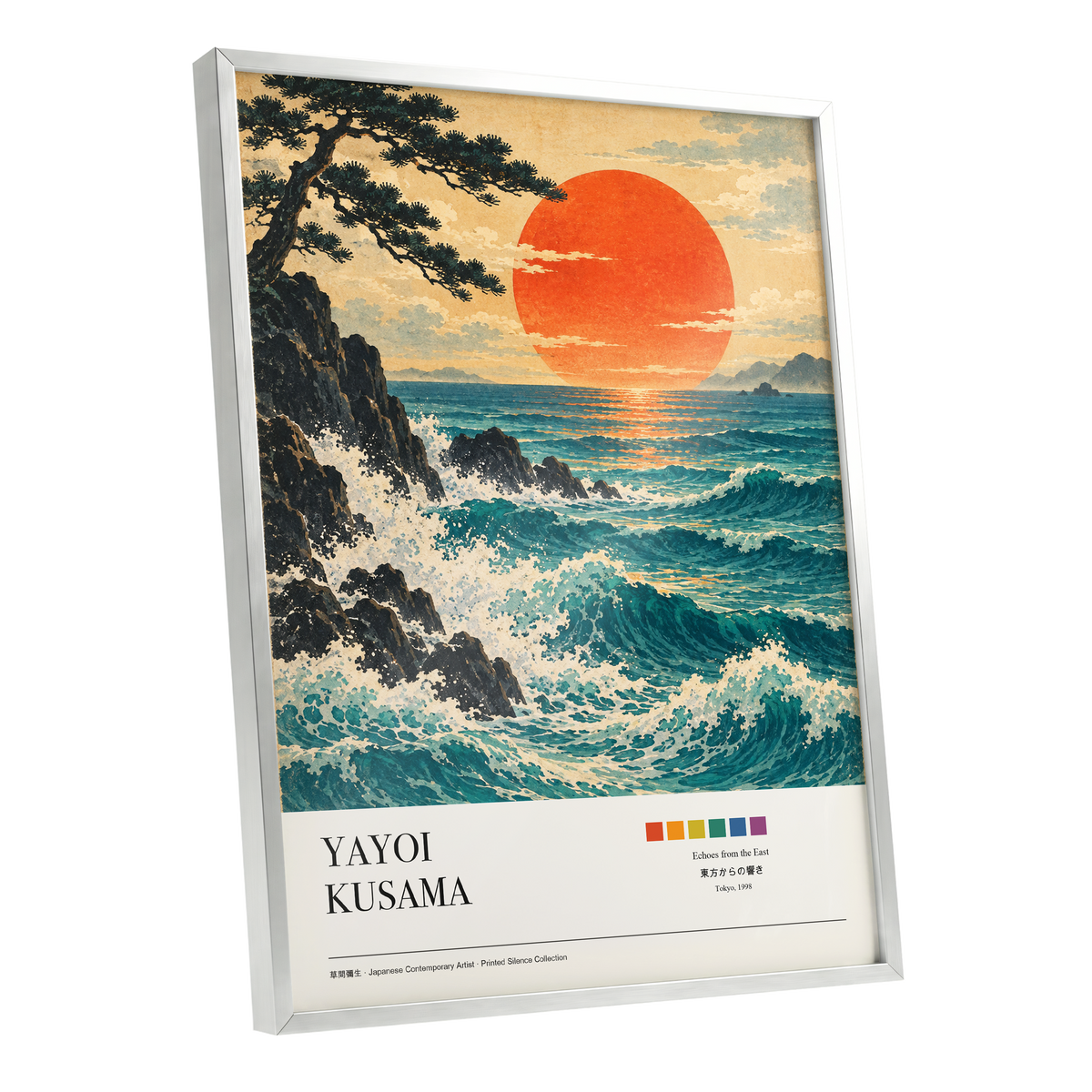 Ember Tide, blue, orange, beige nature wall art shown as a silver framed poster wall art print