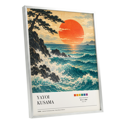 Ember Tide, blue, orange, beige nature wall art shown as a silver framed poster wall art print