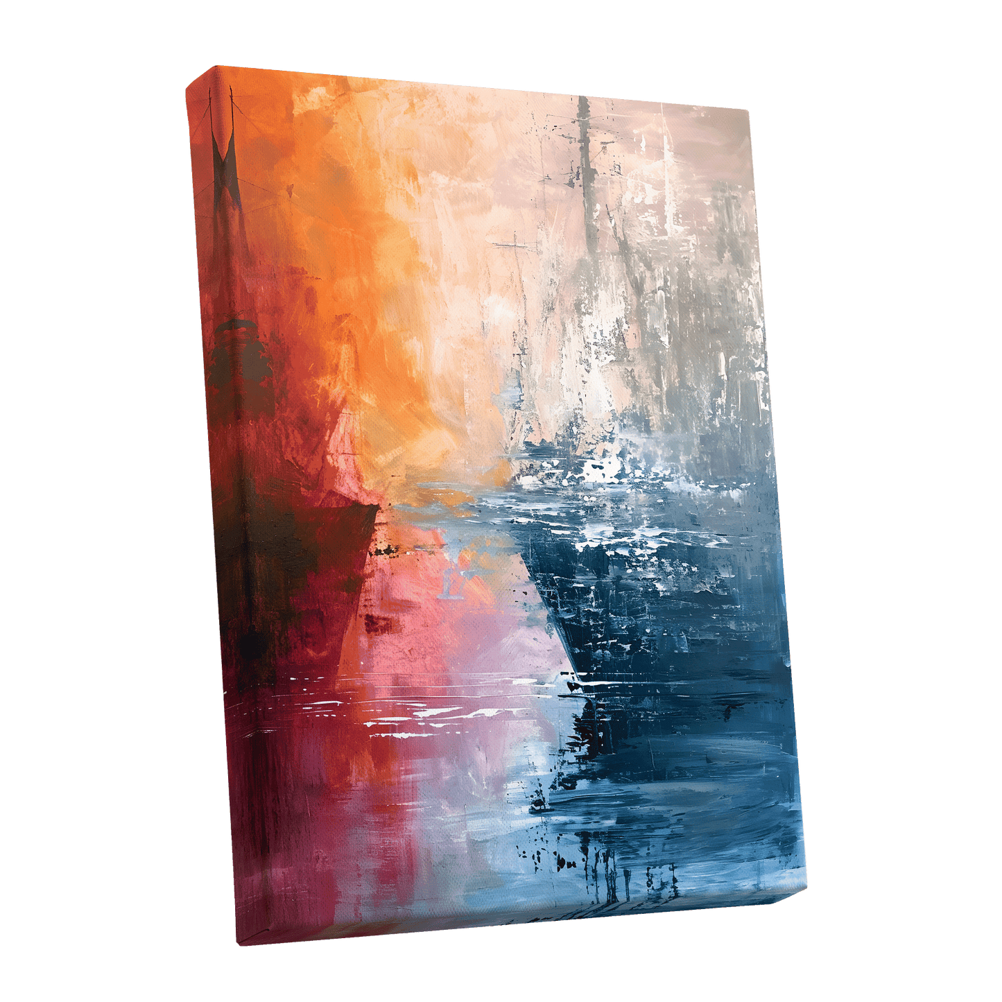 Ember Tide, blue, orange, pink abstract wall art shown as a stretched canvas wall art
