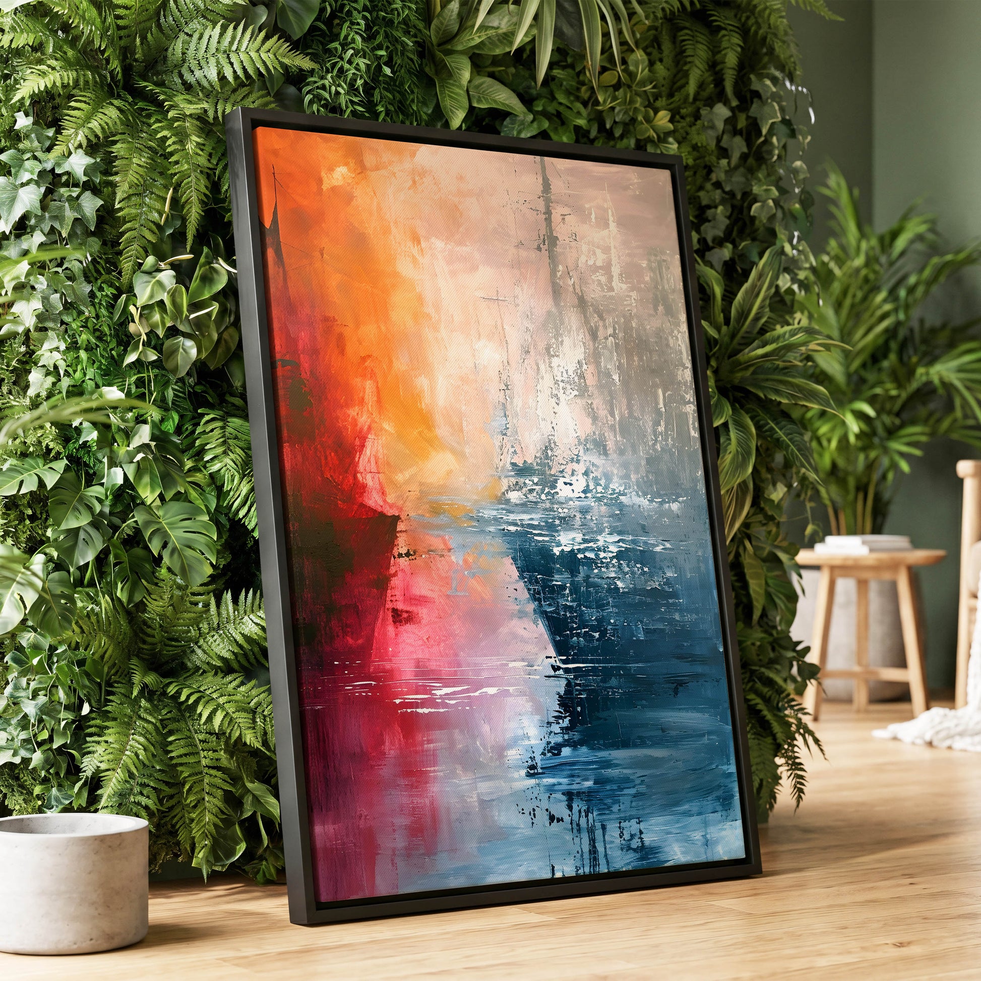 Ember Tide, blue, orange, pink abstract wall art displayed in a styled interior, gallery view 1