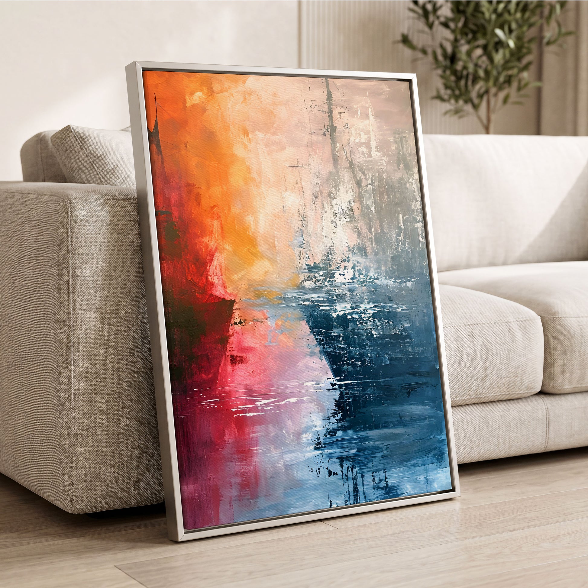 Ember Tide, blue, orange, pink abstract wall art displayed in a styled interior, gallery view 2