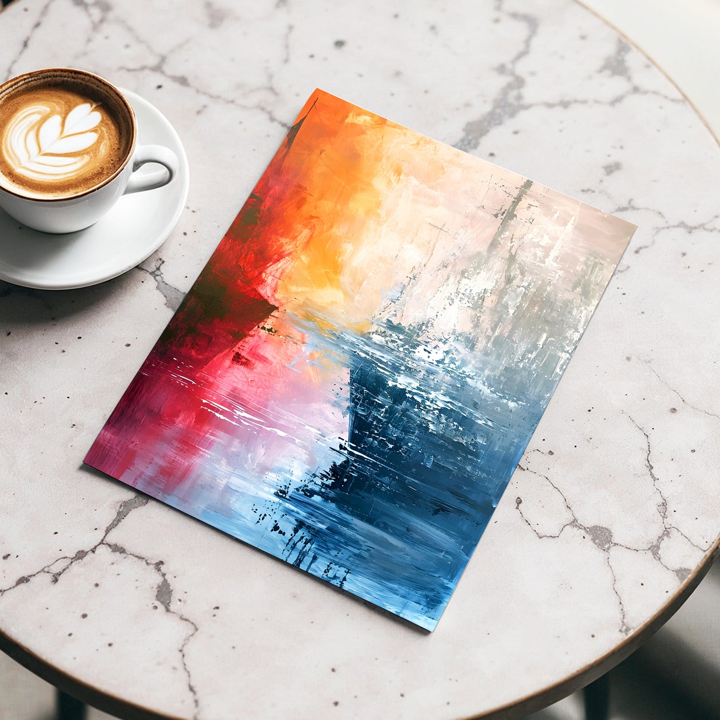 Ember Tide, blue, orange, pink abstract wall art displayed in a styled interior, gallery view 3