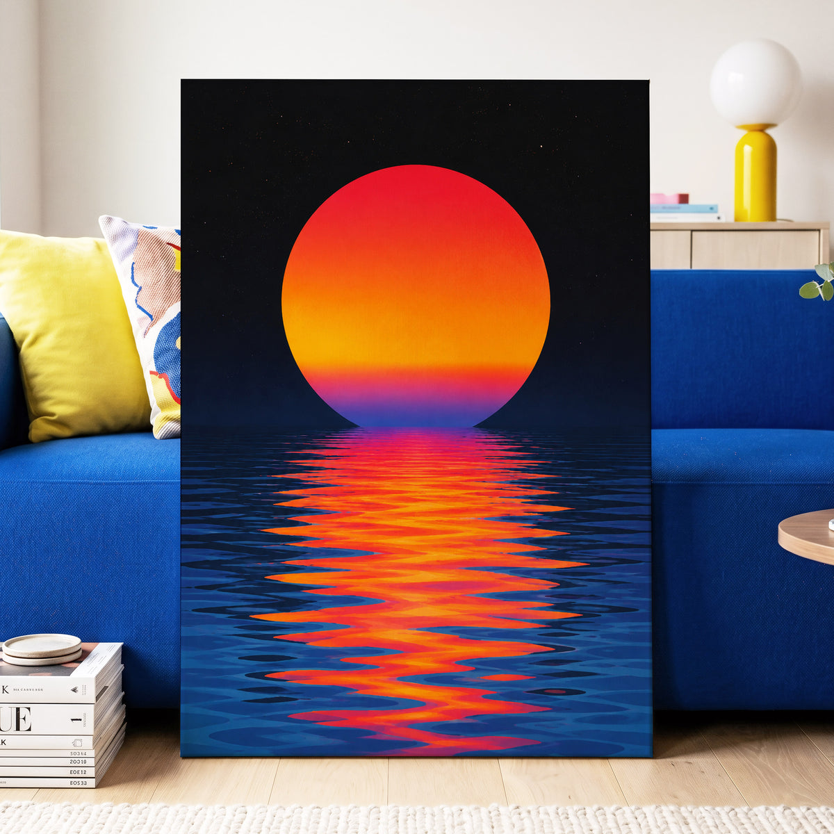 Ember Tide, black, blue, orange nature wall art displayed in a styled interior, gallery view 3