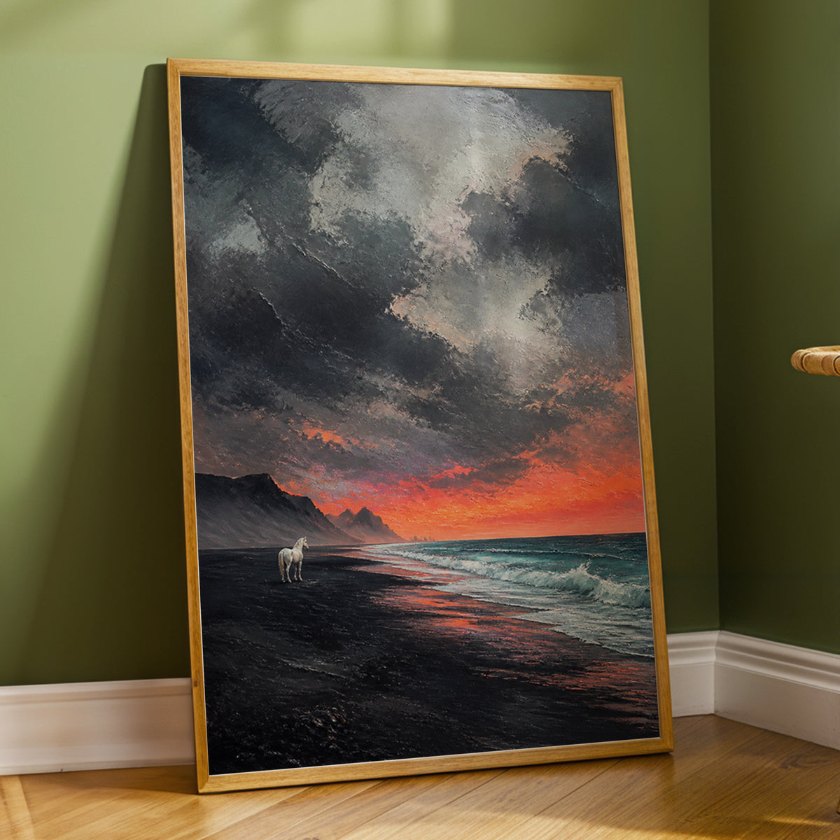 Ember Tide, black, gray, orange nature wall art displayed in a styled interior, gallery view 3