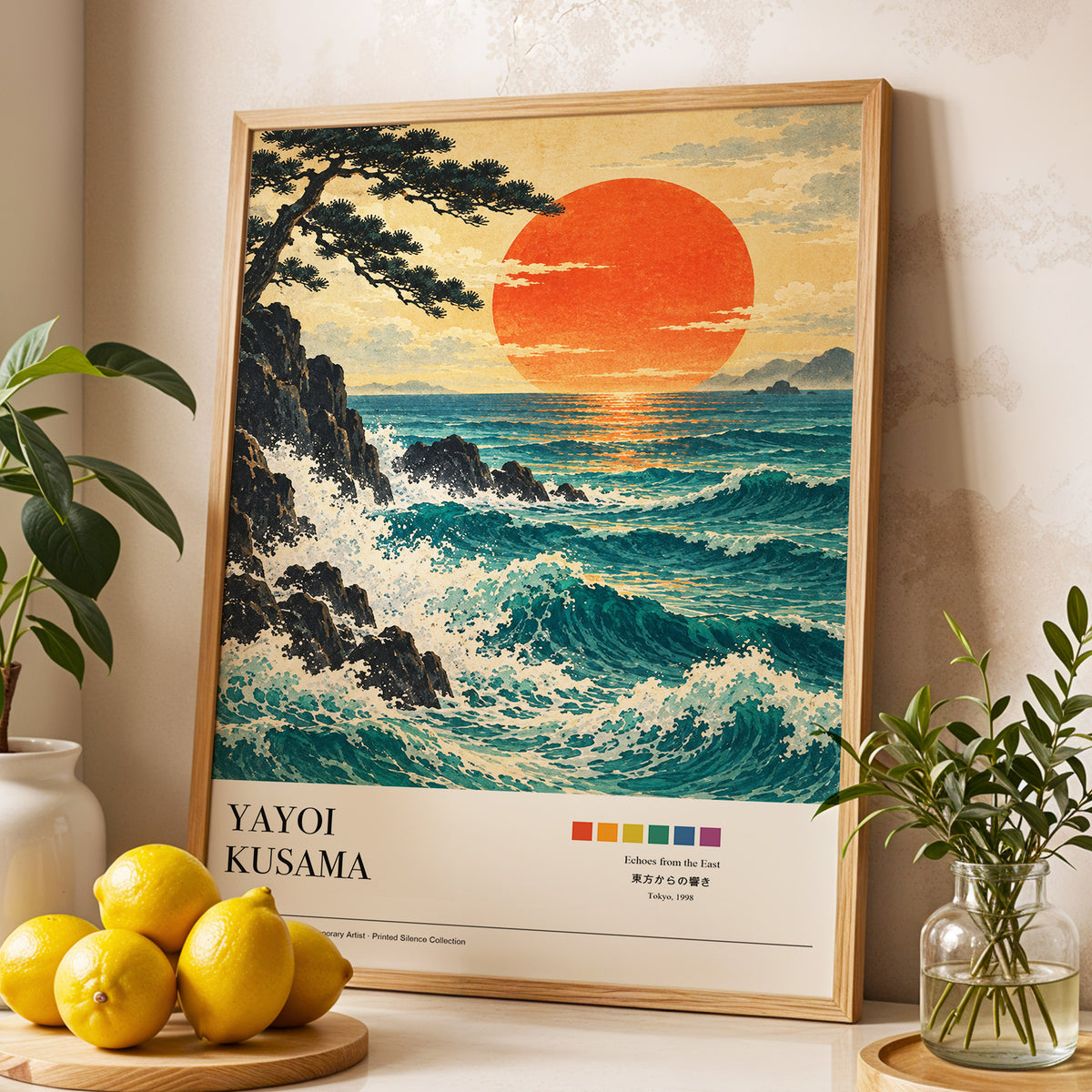 Ember Tide, blue, orange, beige nature wall art displayed in a styled interior, gallery view 3