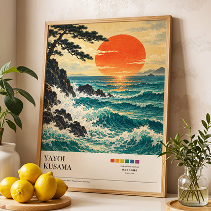 Ember Tide, blue, orange, beige nature wall art displayed in a styled interior, gallery view 3