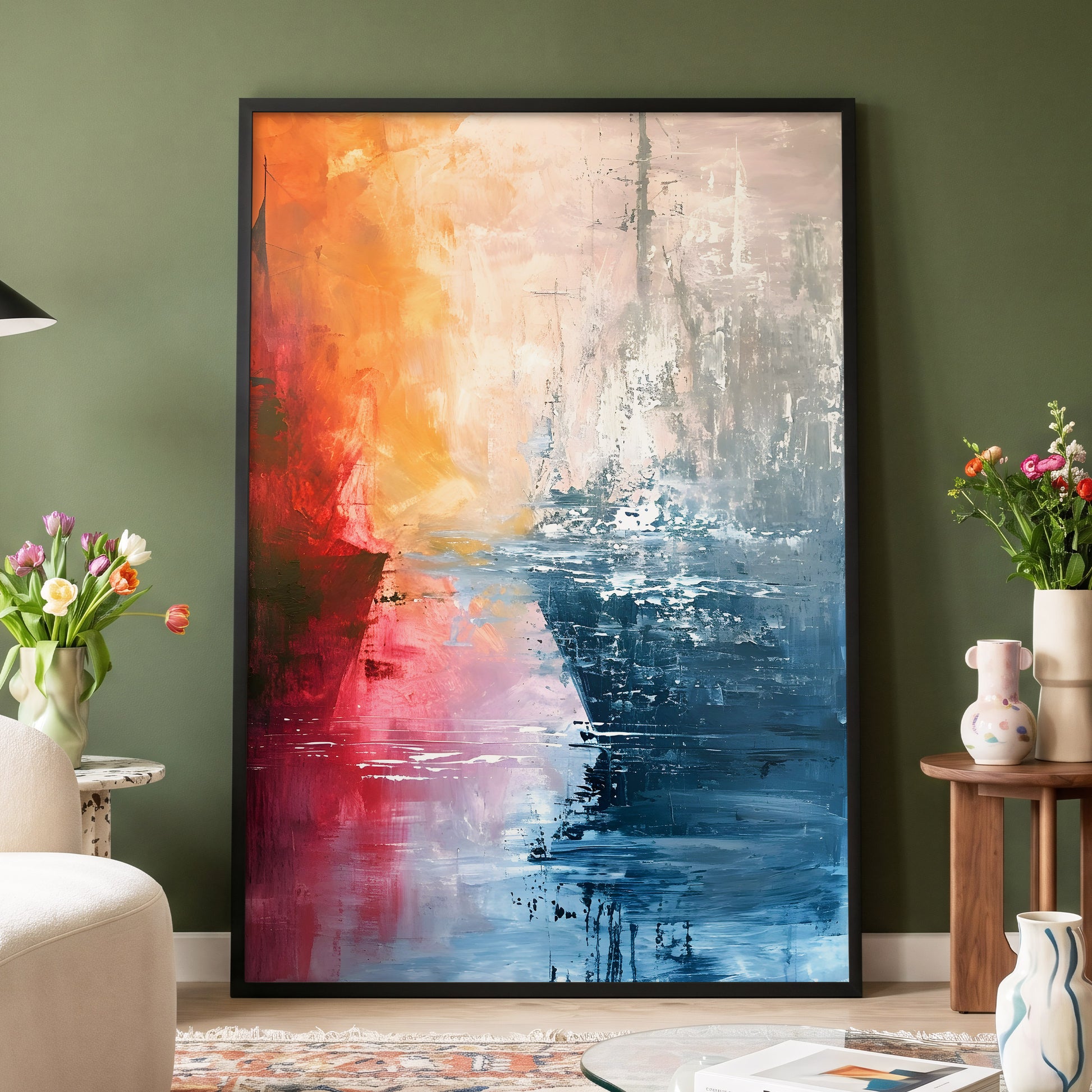 Ember Tide, blue, orange, pink abstract wall art displayed in a styled interior, gallery view 4